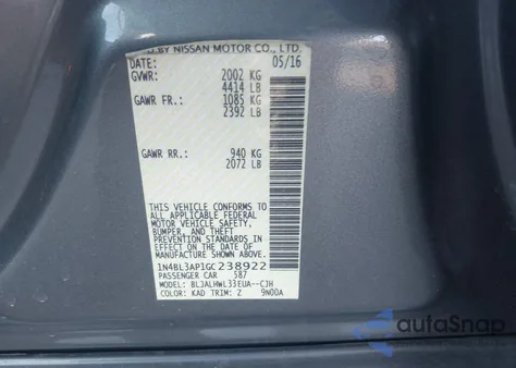 2016 Nissan Altima 3.5 Sr из США, поврежденный, VIN 1N4BL3AP1GC238922